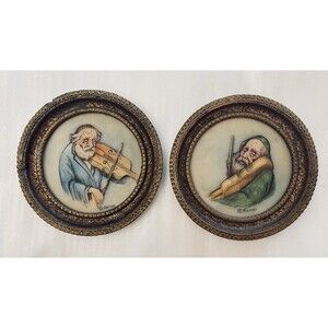 Rare Lot 2 Signed Artini Judaica Etchings Jewish Man Playing Violin Fiddler READ